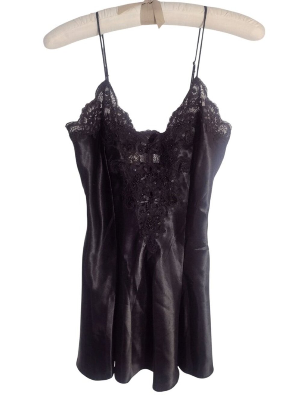 Etienne Satin Beaded Lace Nightgown Slip Dress S Black Sexy Whimsigoth Vintage
